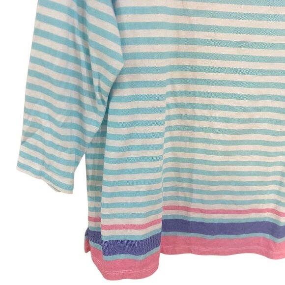 T by Talbots large 100% cotton three-quarter sleeve crewneck, white blue pink st - Picture 3 of 7